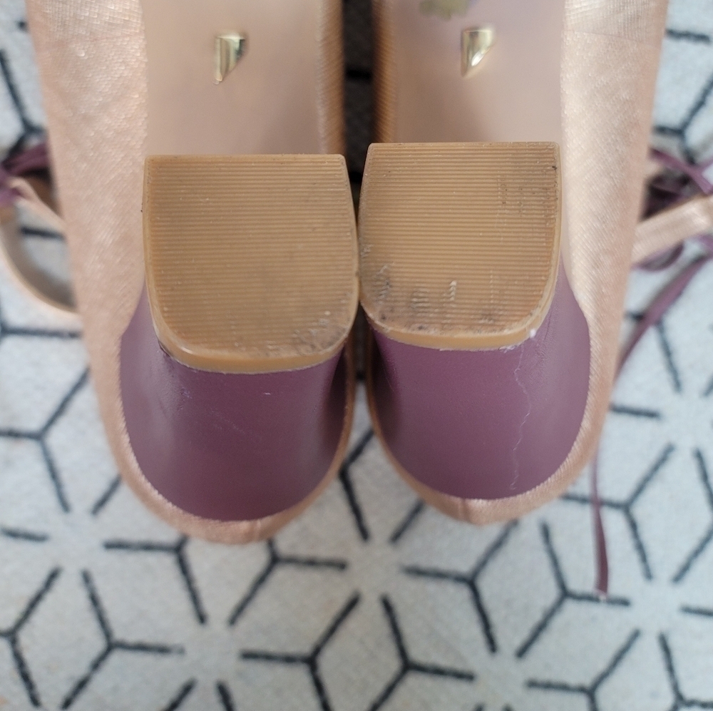 Anthropologie Metallic Rose Gold Pointed Toe Heels with Mauve Ties - Picture 14 of 16